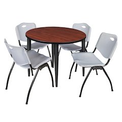 42 in. Round Breakroom Table- Cherry Top, Black Base & 4 M Stack Chairs- Grey