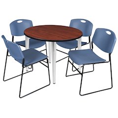 42 Round Breakroom Table- Cherry Top, Chrome Base & 4 Zeng Stack Chairs- Blue