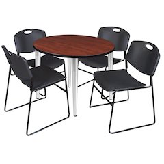 42 Round Breakroom Table- Cherry Top, Chrome Base & 4 Zeng Stack Chairs- Black