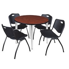 42 in. Round Breakroom Table- Cherry Top, Chrome Base & 4 M Stack Chairs- Black