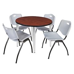 42 in. Round Breakroom Table- Cherry Top, Chrome Base & 4 M Stack Chairs- Grey