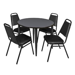 42 Round Breakroom Table- Grey Top, Black Base & 4 Stack Chairs- Black