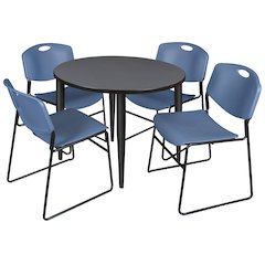 42 in. Round Breakroom Table- Grey Top, Black Base & 4 Zeng Stack Chairs- Blue