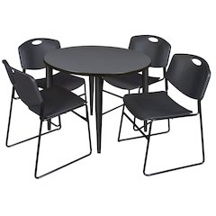 42 in. Round Breakroom Table- Grey Top, Black Base & 4 Zeng Stack Chairs- Black