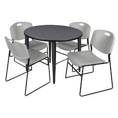42 in. Round Breakroom Table- Grey Top, Black Base & 4 Zeng Stack Chairs- Grey
