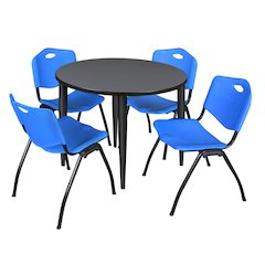 42 in. Round Breakroom Table- Grey Top, Black Base & 4 M Stack Chairs- Blue