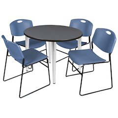 42 in. Round Breakroom Table- Grey Top, Chrome Base & 4 Zeng Stack Chairs- Blue