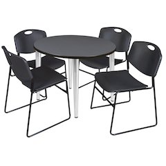 42 in. Round Breakroom Table- Grey Top, Chrome Base & 4 Zeng Stack Chairs- Black