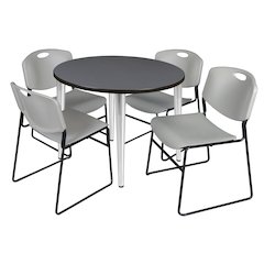 42 in. Round Breakroom Table- Grey Top, Chrome Base & 4 Zeng Stack Chairs- Grey