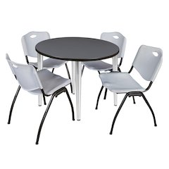 42 in. Round Breakroom Table- Grey Top, Chrome Base & 4 M Stack Chairs- Grey