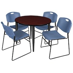42 Round Breakroom Table- Mahogany Top, Black Base & 4 Zeng Stack Chairs- Blue