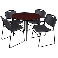 42 Round Breakroom Table- Mahogany Top, Black Base & 4 Zeng Stack Chairs- Black
