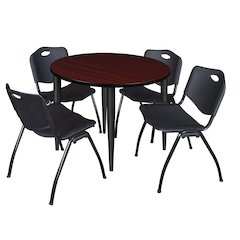 42 in. Round Breakroom Table- Mahogany Top, Black Base & 4 M Stack Chairs- Black