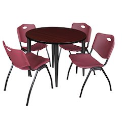 42 Round Breakroom Table- Mahogany Top, Black Base & 4 M Stack Chairs- Burgundy