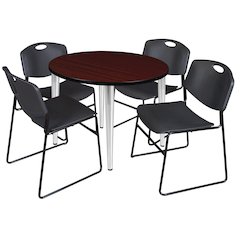 42 Round Breakroom Table- Mahogany Top, Chrome Base & 4 Zeng Stack Chairs- Black