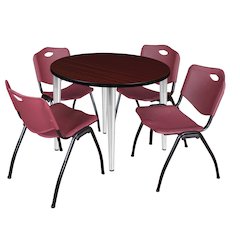 42 Round Breakroom Table- Mahogany Top, Chrome Base & 4 M Stack Chairs- Burgundy
