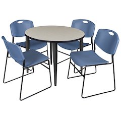 42 in. Round Breakroom Table- Maple Top, Black Base & 4 Zeng Stack Chairs- Blue