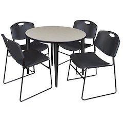 42 in. Round Breakroom Table- Maple Top, Black Base & 4 Zeng Stack Chairs- Black