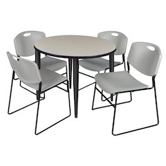 42 in. Round Breakroom Table- Maple Top, Black Base & 4 Zeng Stack Chairs- Grey