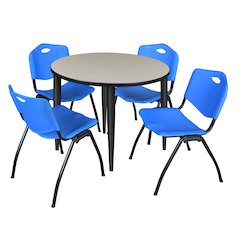 42 in. Round Breakroom Table- Maple Top, Black Base & 4 M Stack Chairs- Blue