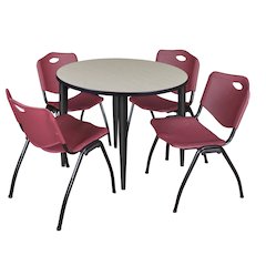 42 in. Round Breakroom Table- Maple Top, Black Base & 4 M Stack Chairs- Burgundy