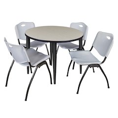 42 in. Round Breakroom Table- Maple Top, Black Base & 4 M Stack Chairs- Grey
