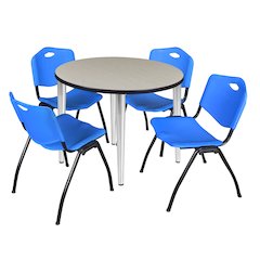 42 in. Round Breakroom Table- Maple Top, Chrome Base & 4 M Stack Chairs- Blue