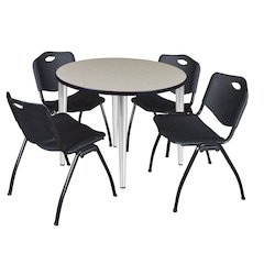 42 in. Round Breakroom Table- Maple Top, Chrome Base & 4 M Stack Chairs- Black