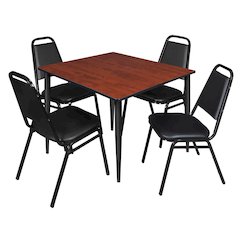 48 Square Breakroom Table- Cherry Top, Black Base & 4 Stack Chairs- Black