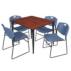 48 Square Breakroom Table- Cherry Top, Black Base & 4 Zeng Stack Chairs- Blue