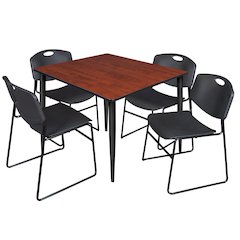 48 Square Breakroom Table- Cherry Top, Black Base & 4 Zeng Stack Chairs- Black