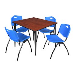 48 in. Square Breakroom Table- Cherry Top, Black Base & 4 M Stack Chairs- Blue