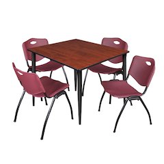 48 Square Breakroom Table- Cherry Top, Black Base & 4 M Stack Chairs- Burgundy