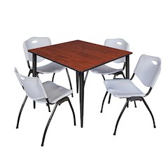 48 in. Square Breakroom Table- Cherry Top, Black Base & 4 M Stack Chairs- Grey