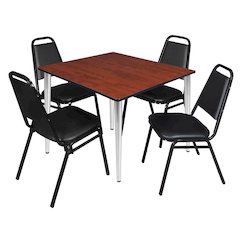 48 Square Breakroom Table- Cherry Top, Chrome Base & 4 Stack Chairs- Black