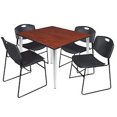 48 Square Breakroom Table- Cherry Top, Chrome Base & 4 Zeng Stack Chairs- Black