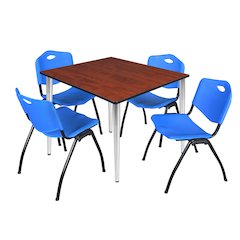 48 in. Square Breakroom Table- Cherry Top, Chrome Base & 4 M Stack Chairs- Blue