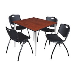 48 in. Square Breakroom Table- Cherry Top, Chrome Base & 4 M Stack Chairs- Black