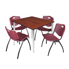 48 Square Breakroom Table- Cherry Top, Chrome Base & 4 M Stack Chairs- Burgundy