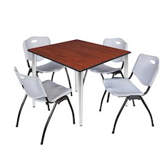 48 in. Square Breakroom Table- Cherry Top, Chrome Base & 4 M Stack Chairs- Grey