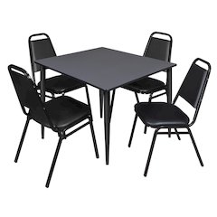 48 Square Breakroom Table- Grey Top, Black Base & 4 Stack Chairs- Black