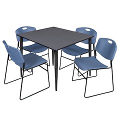 48 in. Square Breakroom Table- Grey Top, Black Base & 4 Zeng Stack Chairs- Blue