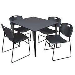48 in. Square Breakroom Table- Grey Top, Black Base & 4 Zeng Stack Chairs- Black