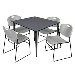 48 in. Square Breakroom Table- Grey Top, Black Base & 4 Zeng Stack Chairs- Grey