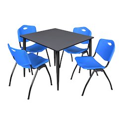 48 in. Square Breakroom Table- Grey Top, Black Base & 4 M Stack Chairs- Blue