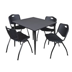 48 in. Square Breakroom Table- Grey Top, Black Base & 4 M Stack Chairs- Black