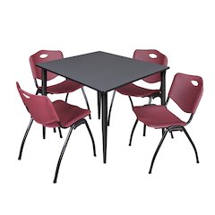 48 in. Square Breakroom Table- Grey Top, Black Base & 4 M Stack Chairs- Burgundy