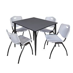 48 in. Square Breakroom Table- Grey Top, Black Base & 4 M Stack Chairs- Grey
