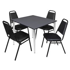 48 Square Breakroom Table- Grey Top, Chrome Base & 4 Stack Chairs- Black