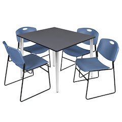 48 in. Square Breakroom Table- Grey Top, Chrome Base & 4 Zeng Stack Chairs- Blue